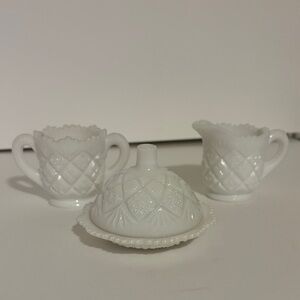 Thumbelina Westmoreland Miniature Milk Glass Butter Dish, Creamer & Sugar Set